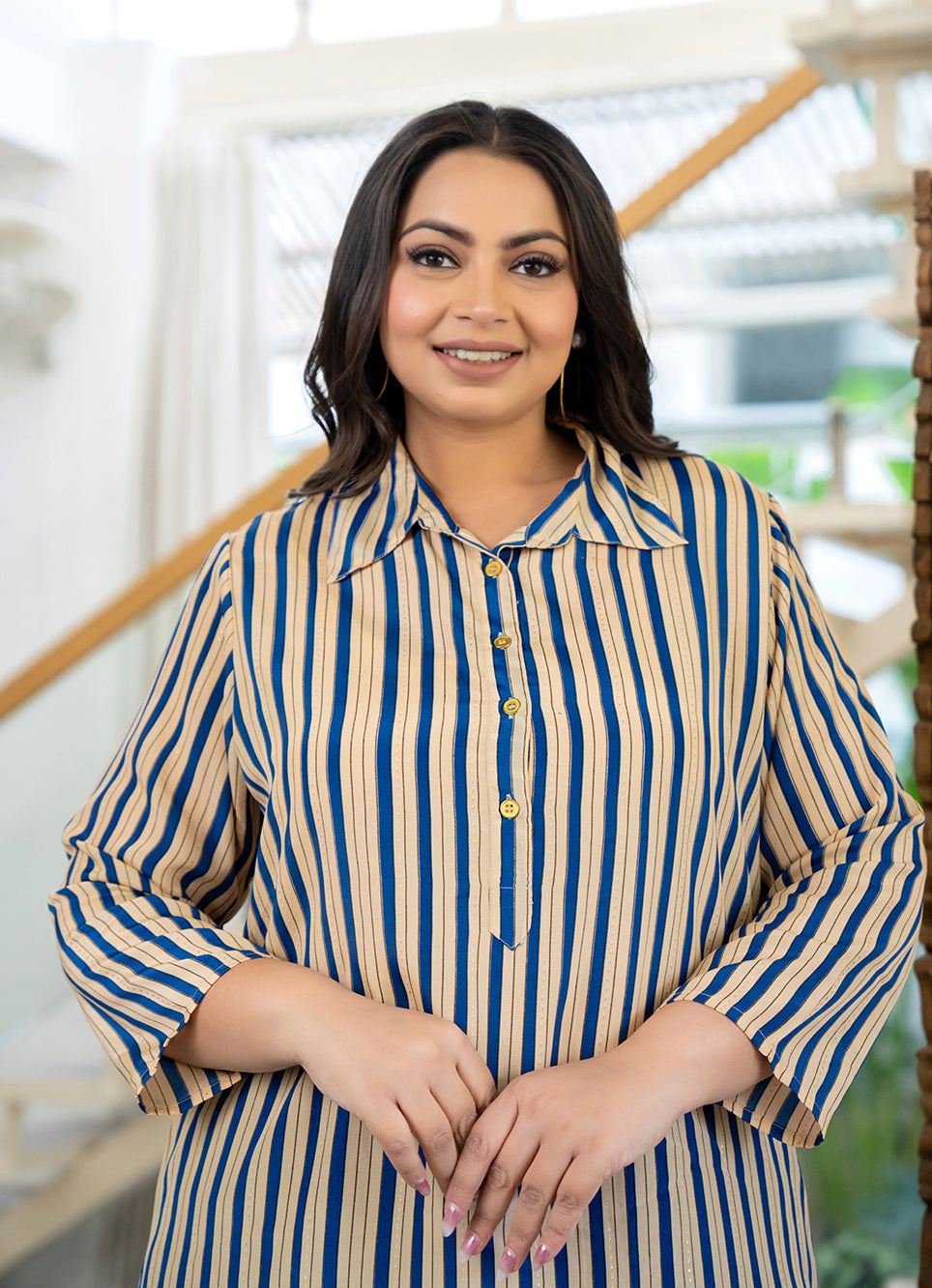 Kaajh Women's Blue Striped Viscose Rayon Plus Size Kurta | Grocsy