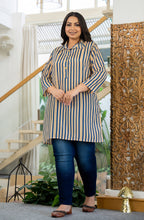 Kaajh Women's Blue Striped Viscose Rayon Plus Size Kurta | Grocsy