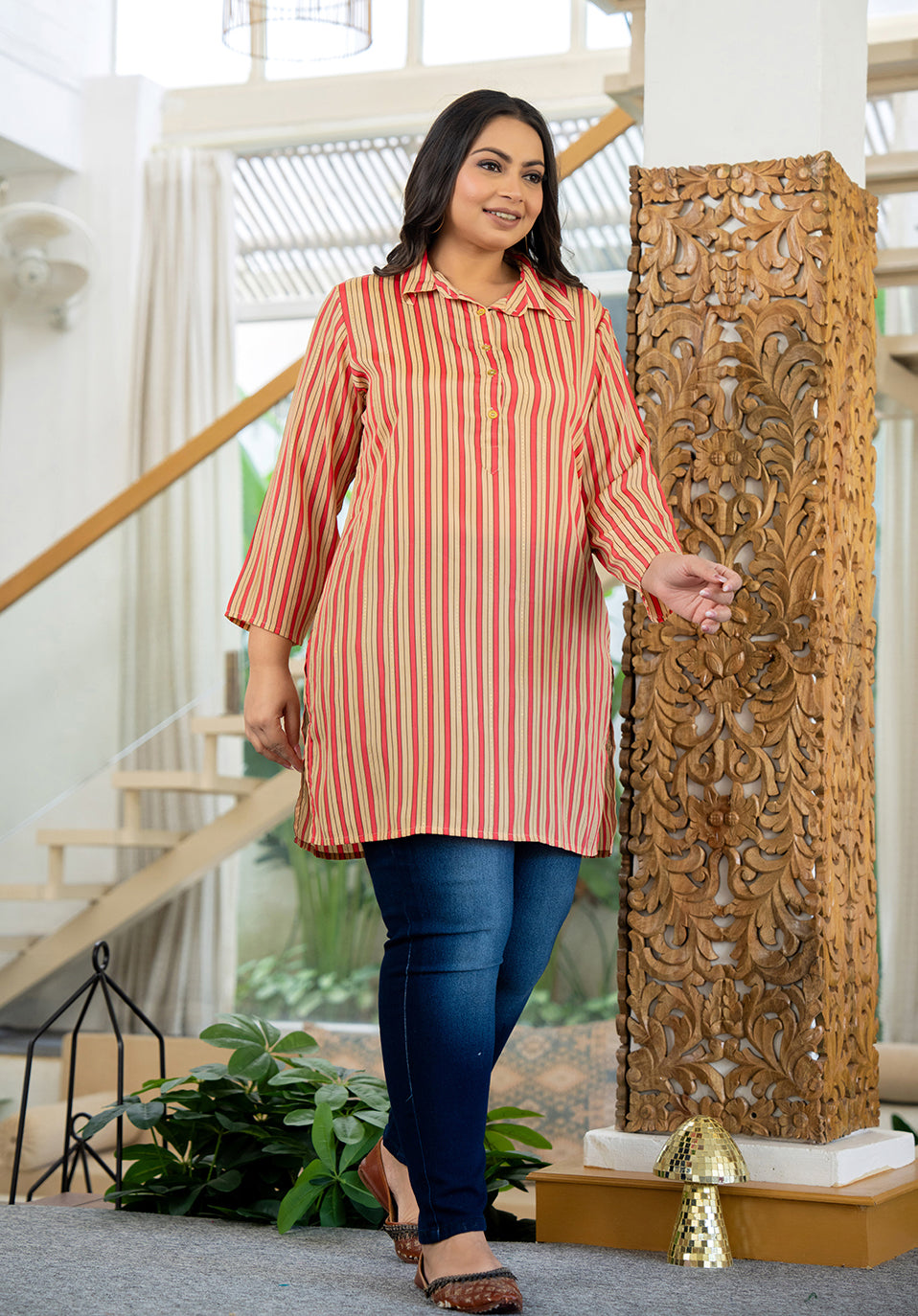 Kaajh Women's Pink Striped Viscose Rayon Plus Size Kurta | Grocsy
