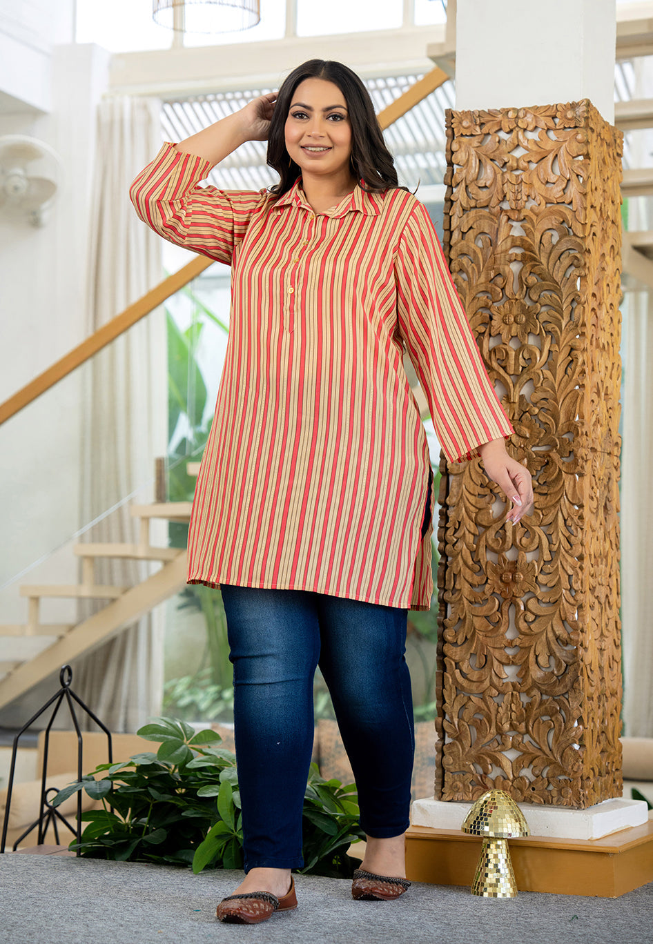 Kaajh Women's Pink Striped Viscose Rayon Plus Size Kurta | Grocsy