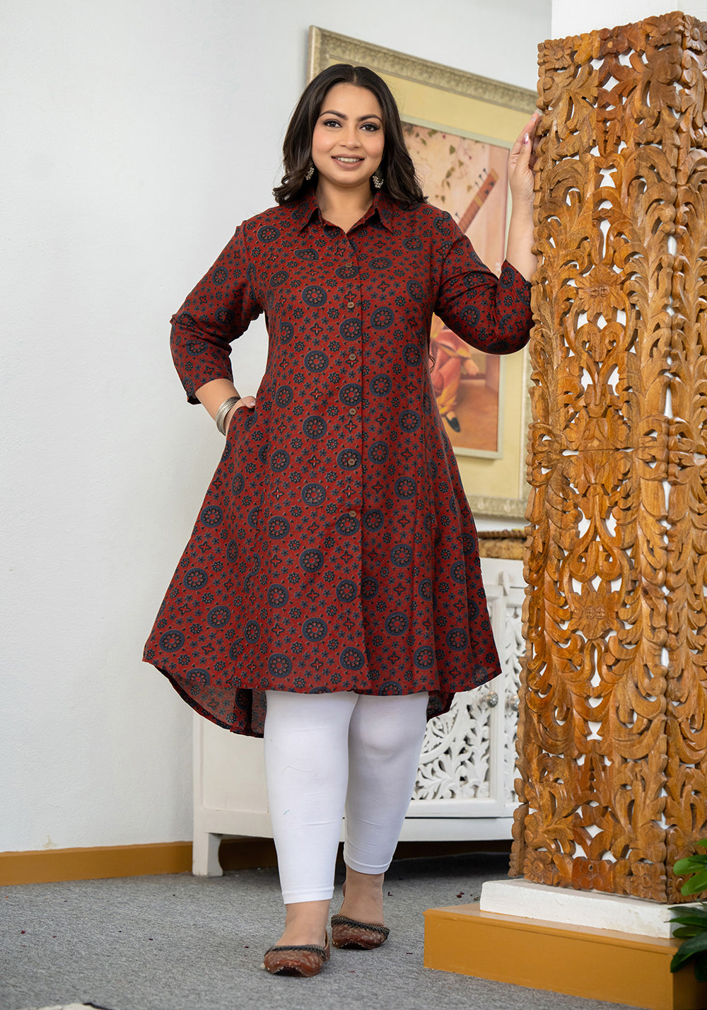 Kaajh Women's Maroon Ajrakh Printed Viscose Rayon Plus Size Kurta | Grocsy