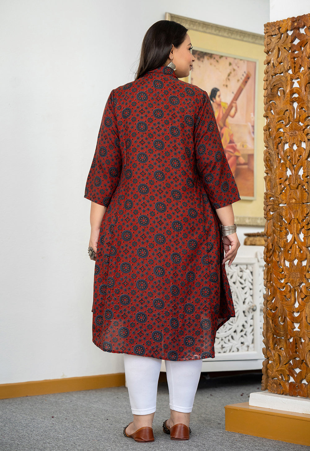 Kaajh Women's Maroon Ajrakh Printed Viscose Rayon Plus Size Kurta | Grocsy