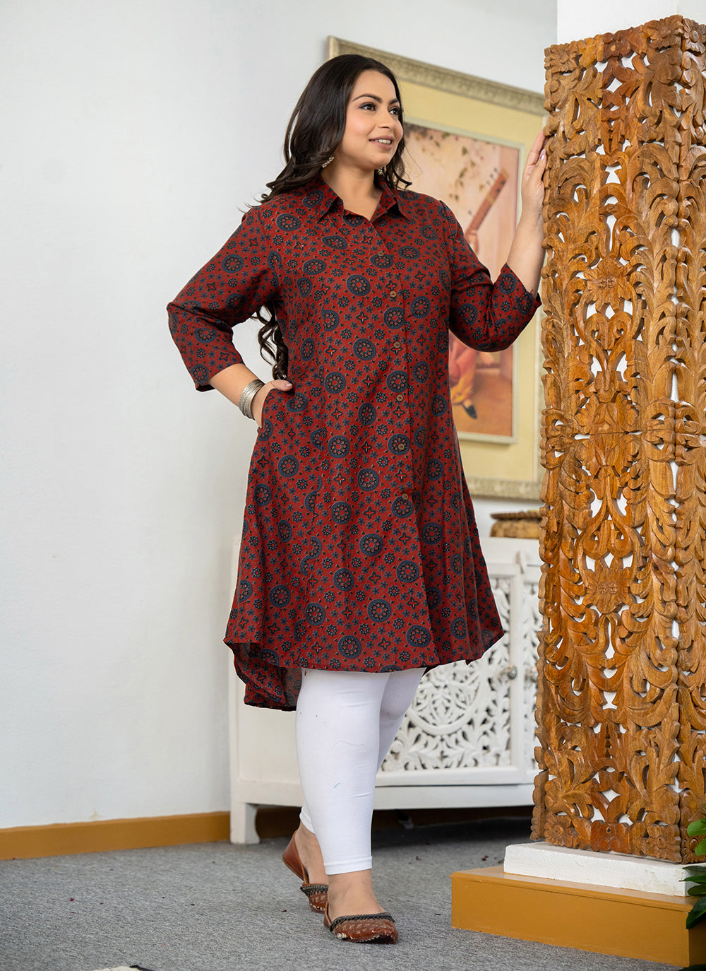 Kaajh Women's Maroon Ajrakh Printed Viscose Rayon Plus Size Kurta | Grocsy