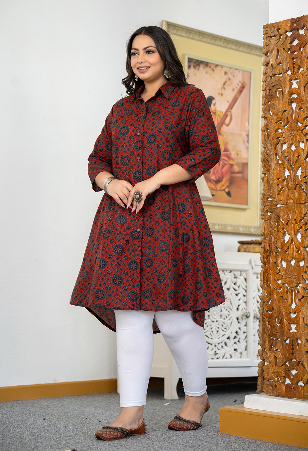 Kaajh Women's Maroon Ajrakh Printed Viscose Rayon Plus Size Kurta | Grocsy