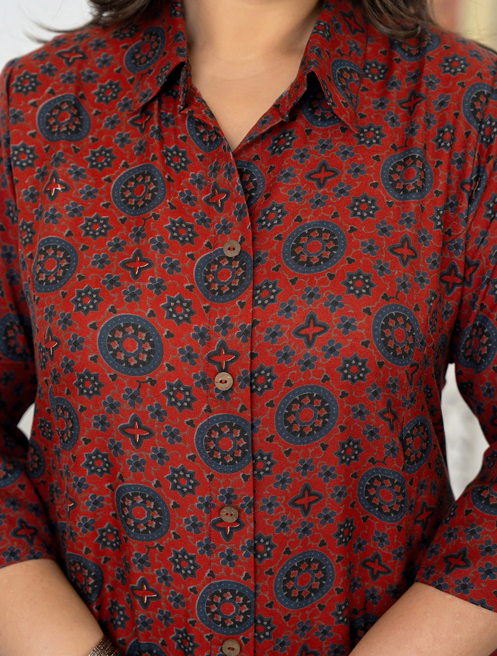 Kaajh Women's Maroon Ajrakh Printed Viscose Rayon Plus Size Kurta | Grocsy