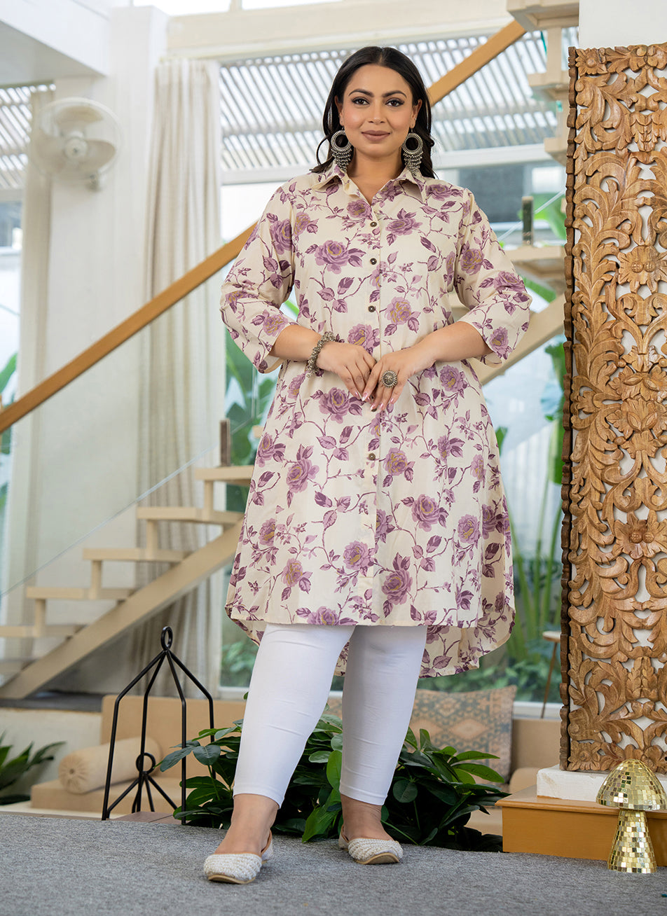 Kaajh Women's Purple Floral Printed Plus Size Cotton Kurta | Grocsy