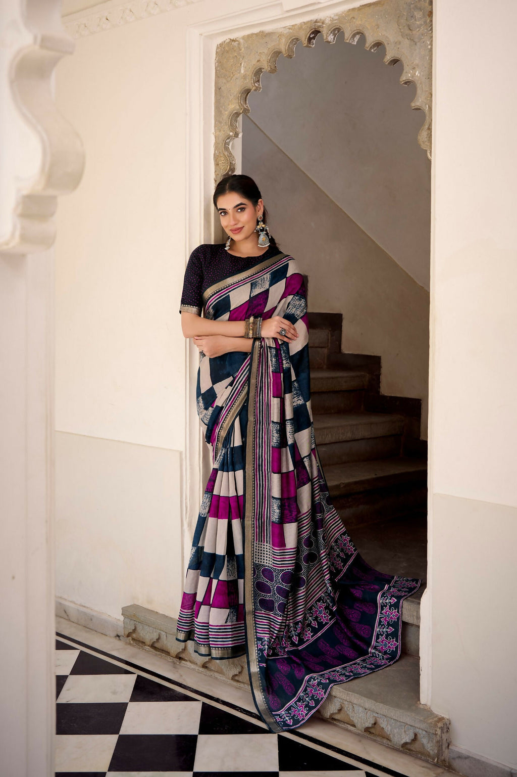 Vastranavya Navy Blue Viscose Chanderi Printed with Temple Border Saree & Unstitched Blouse | Grocsy