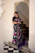 Vastranavya Navy Blue Viscose Chanderi Printed with Temple Border Saree & Unstitched Blouse | Grocsy