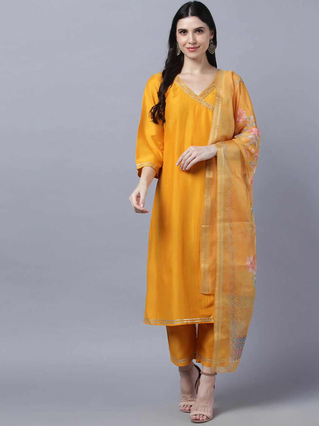 Myshka Stylish Mustard 3/4 Sleeve Women's Kurta Pant with Dupatta Set | Grocsy