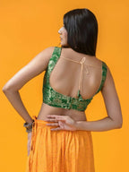 Amodini Designer Studio Women's Banarsi Brocade Sleeveless Green Blouse | Grocsy