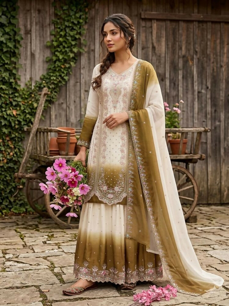 Teeya Creation New Trending Heavy Dual Tone Peding Star Georgette Mehendi Kurta Set | Grocsy