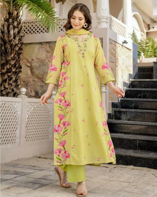 The52 Lemons Women's Beautiful Chanderi Fabric Printed Work Straight Kurta Pant and Dupatta Set | Grocsy