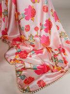 Vastranavya Peach Satin Silk Floral Printed with Pearl Lace Saree with Unstitched Blouse | Grocsy