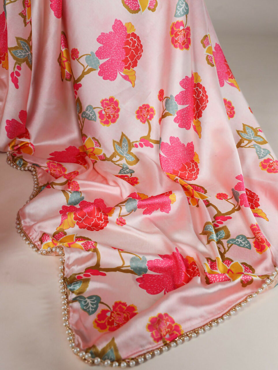 Vastranavya Peach Satin Silk Floral Printed with Pearl Lace Saree with Unstitched Blouse | Grocsy