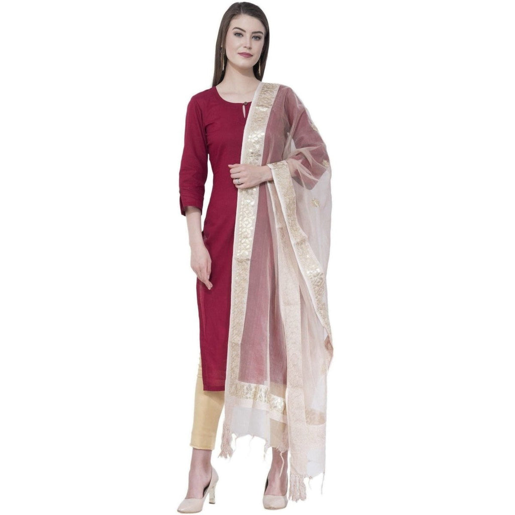 A R Silk Women's Gotta Patti Embroidery Orgenza Cotton White Dupattas and Chunnis | Grocsy
