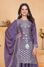 Teeya Creation Lavender Chinon Embroidery Work Party Wear Palazzo Suit | Grocsy