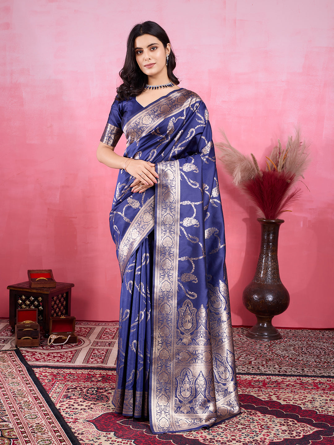 Vedant Vastram Banarasi Silk Fashion Saree - Navy | Grocsy
