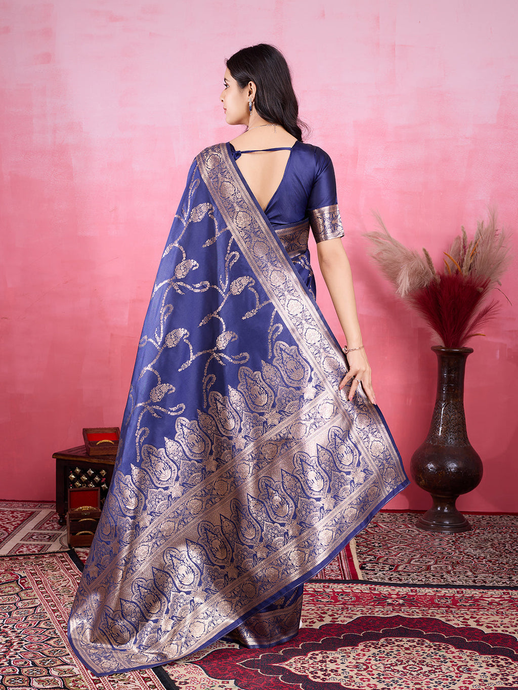 Vedant Vastram Banarasi Silk Fashion Saree - Navy | Grocsy