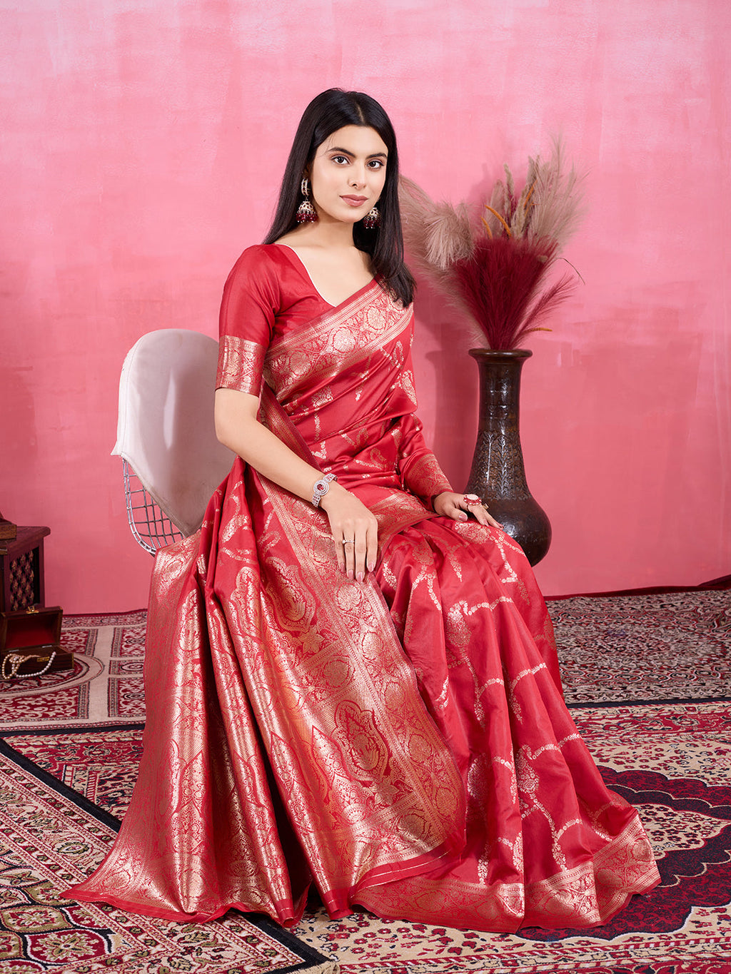Vedant Vastram Banarasi Silk Fashion Saree - Red | Grocsy