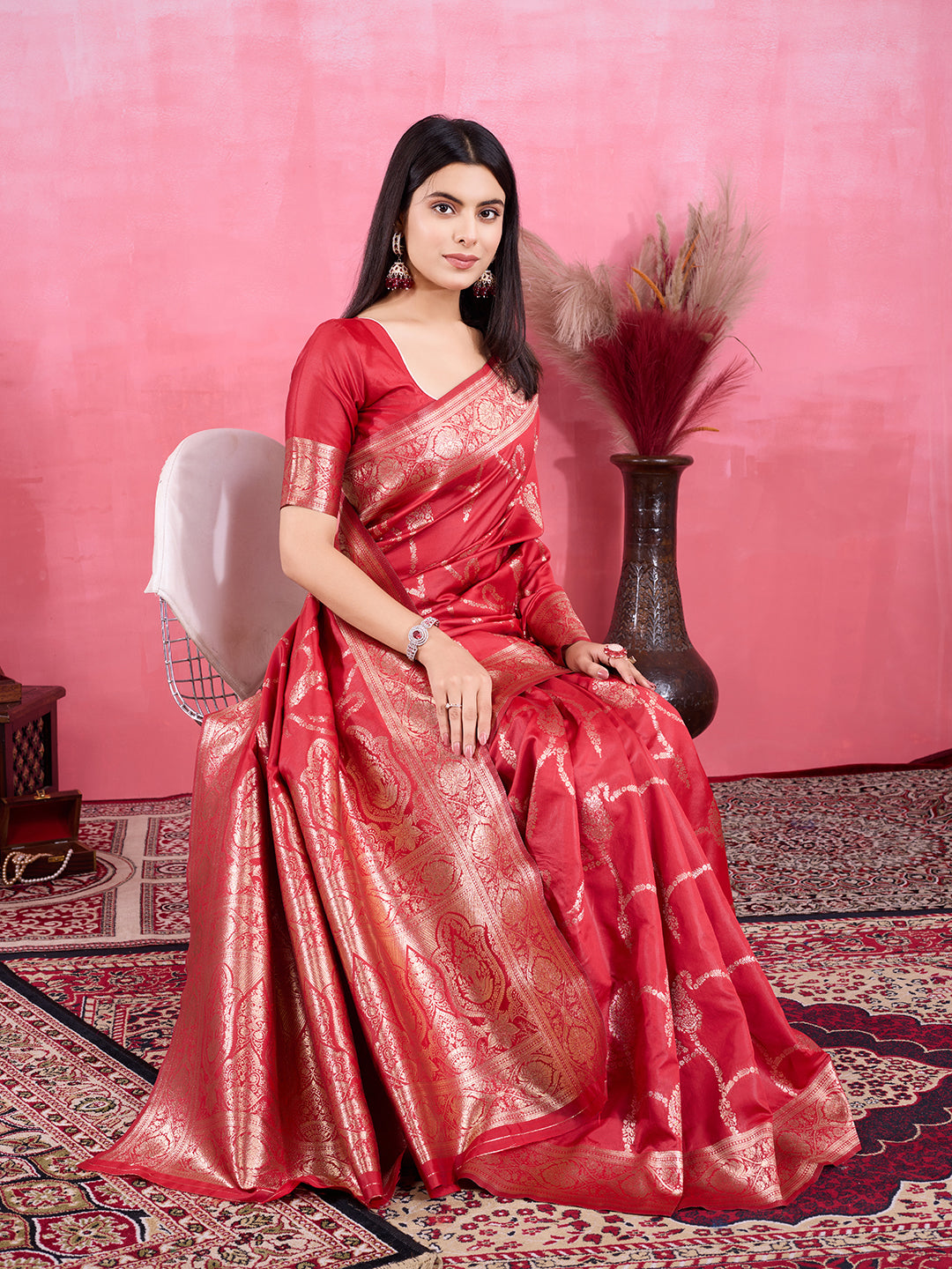 Vedant Vastram Banarasi Silk Fashion Saree - Red | Grocsy