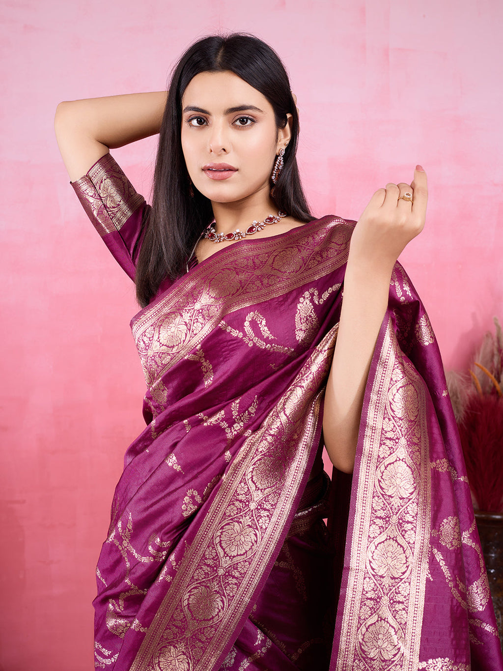 Vedant Vastram Banarasi Silk Fashion Saree - Wine | Grocsy