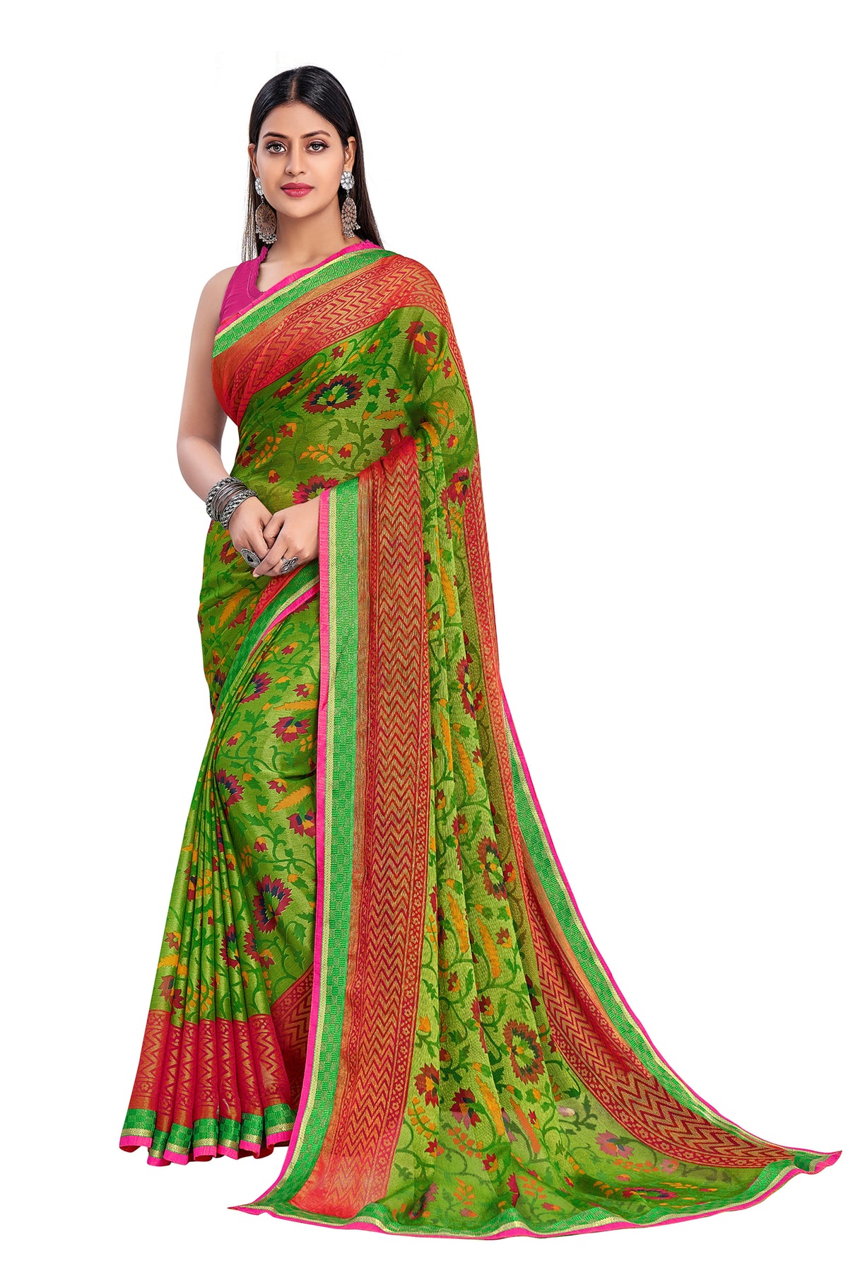 Vamika Green & Pink Designer Chiffon Brasso Saree With Exclusive Banarasi Lace | Grocsy