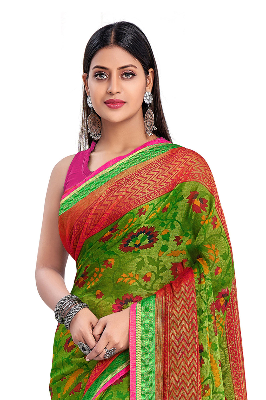 Vamika Green & Pink Designer Chiffon Brasso Saree With Exclusive Banarasi Lace | Grocsy