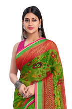 Vamika Green & Pink Designer Chiffon Brasso Saree With Exclusive Banarasi Lace | Grocsy