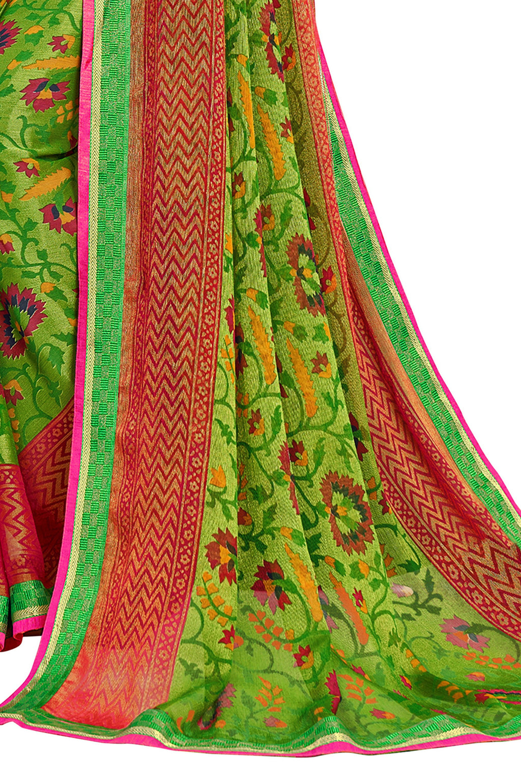 Vamika Green & Pink Designer Chiffon Brasso Saree With Exclusive Banarasi Lace | Grocsy