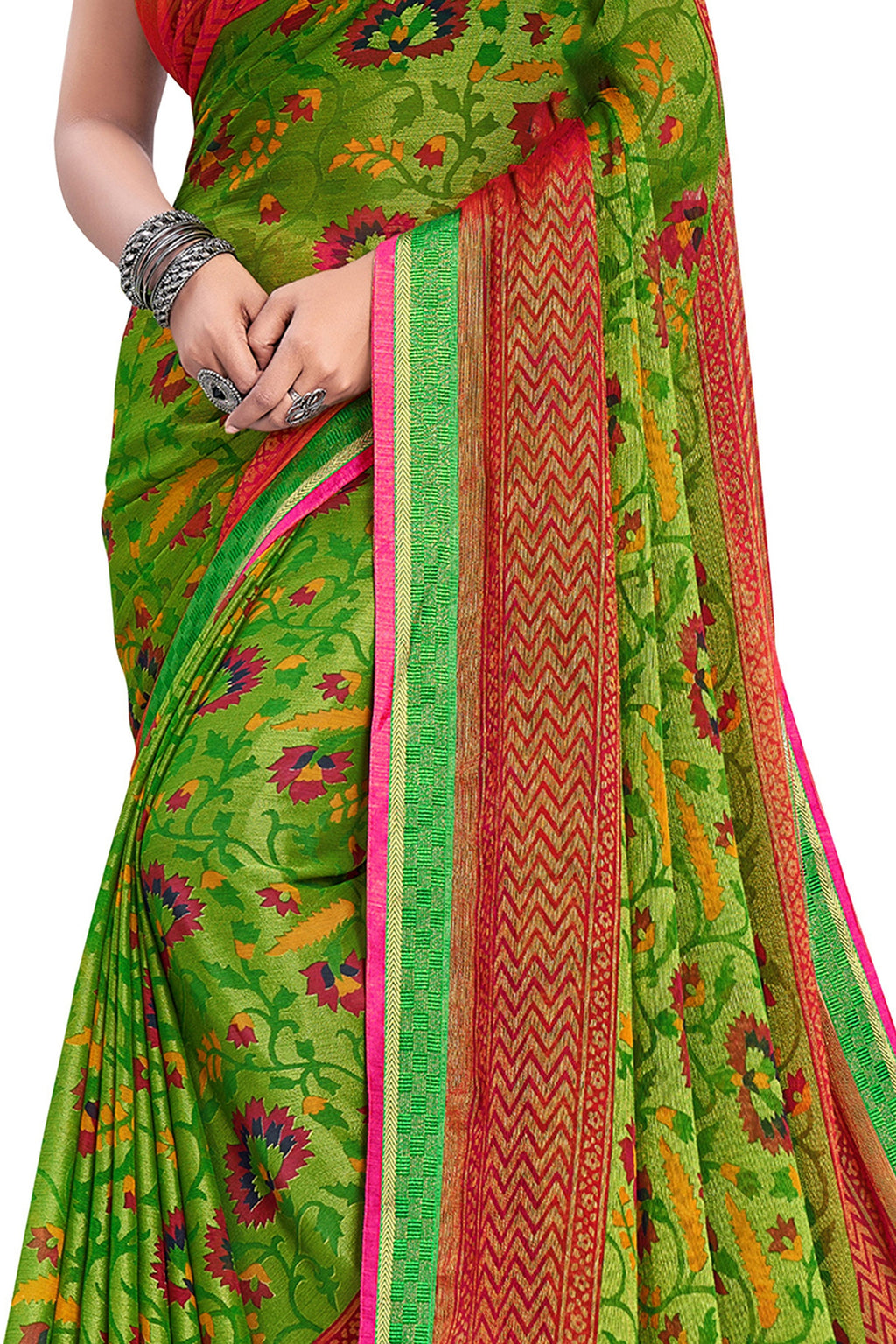 Vamika Green & Pink Designer Chiffon Brasso Saree With Exclusive Banarasi Lace | Grocsy