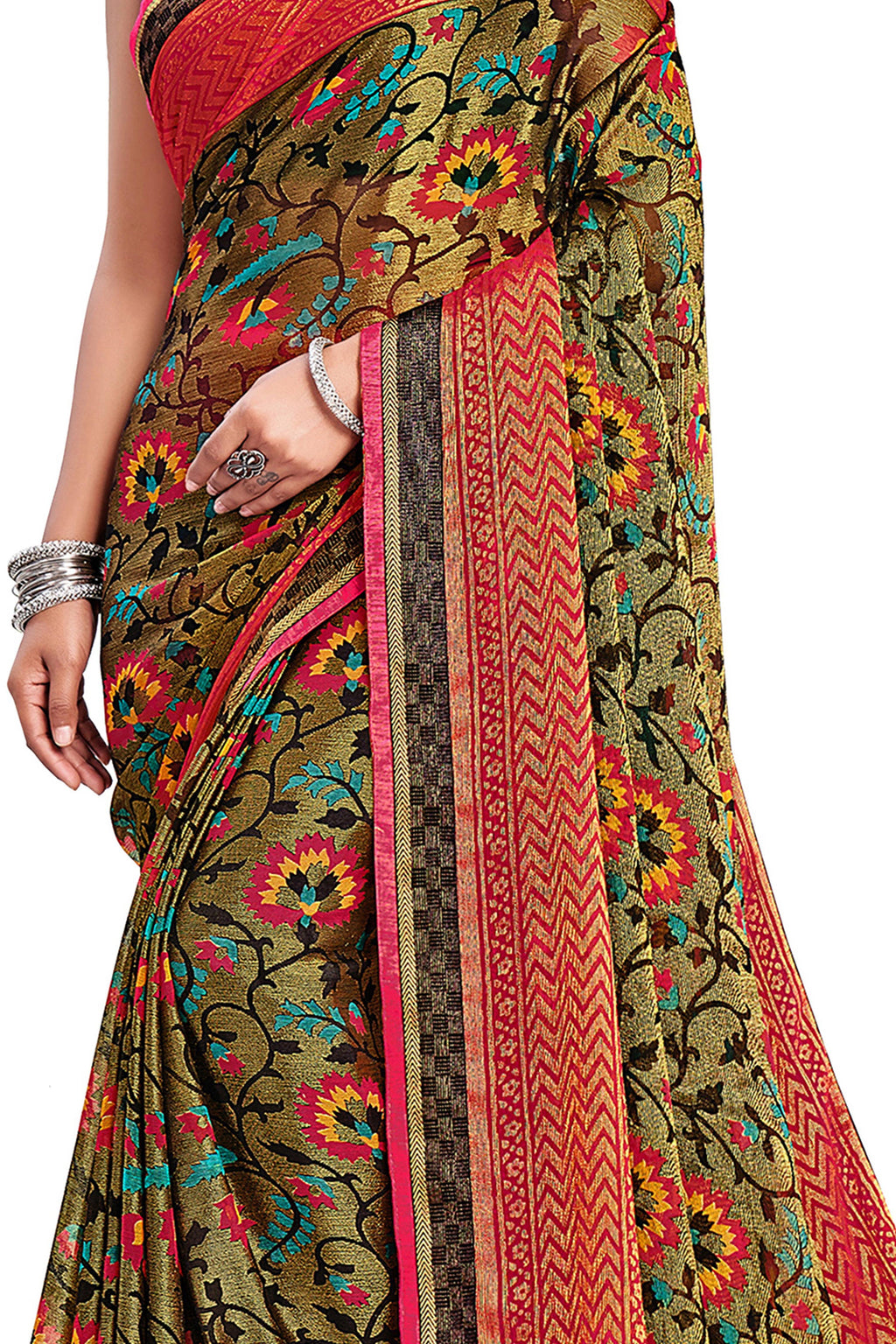 Vamika Golden Yellow Designer Chiffon Brasso Saree With Exclusive Banarasi Lace | Grocsy