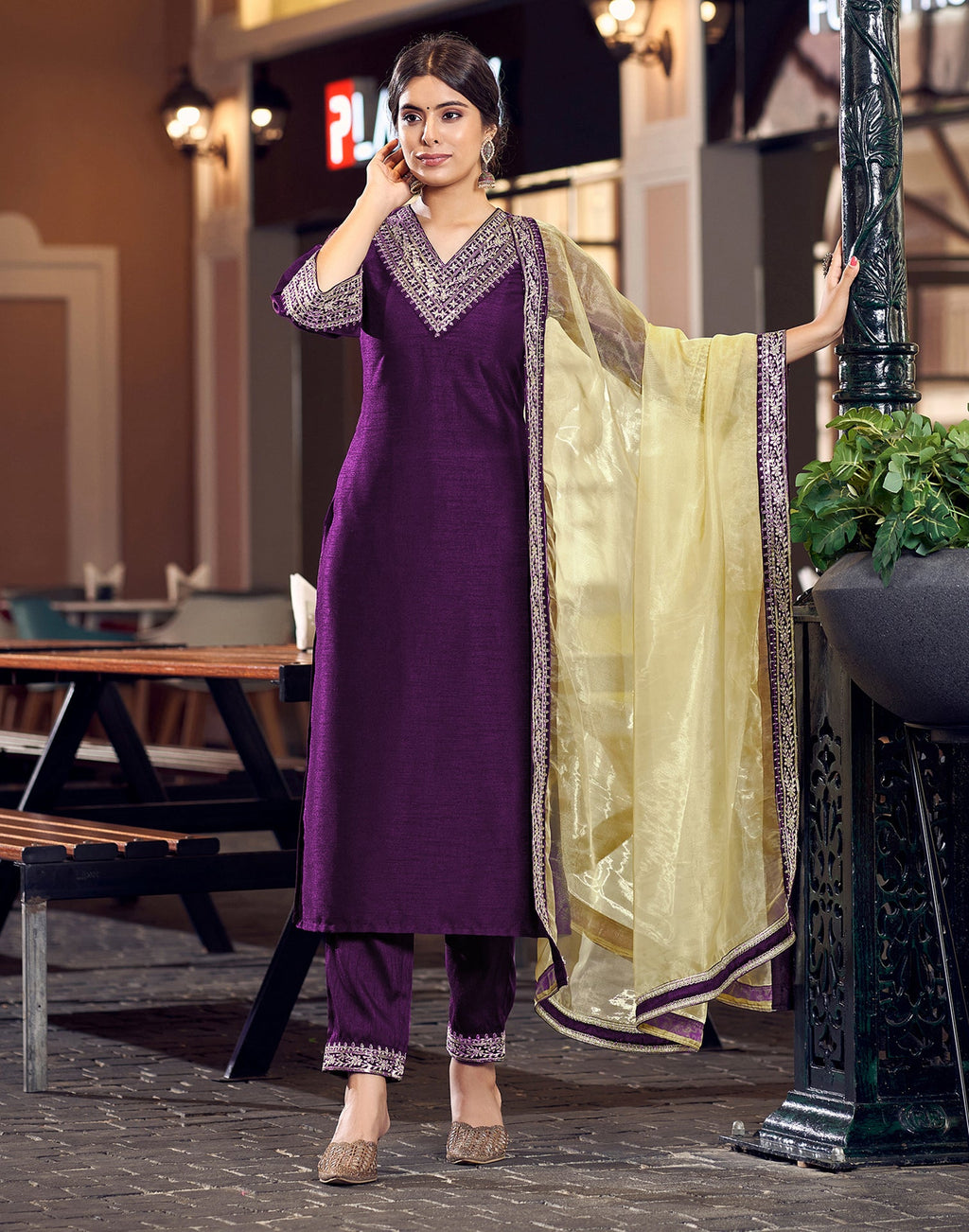 Yash Enterprise Purple Rayon Embroidery Party Wear Suit Set | Grocsy