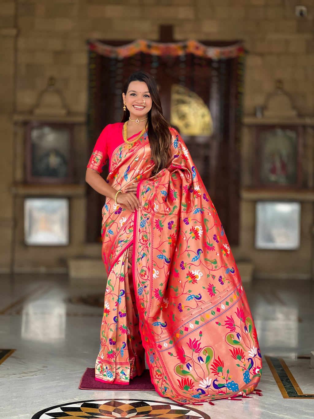 Vedant Vastram Soft Litchi Silk Paithani Jacquard Saree - Pink | Grocsy