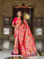 Vedant Vastram Soft Litchi Silk Paithani Jacquard Saree - Pink | Grocsy