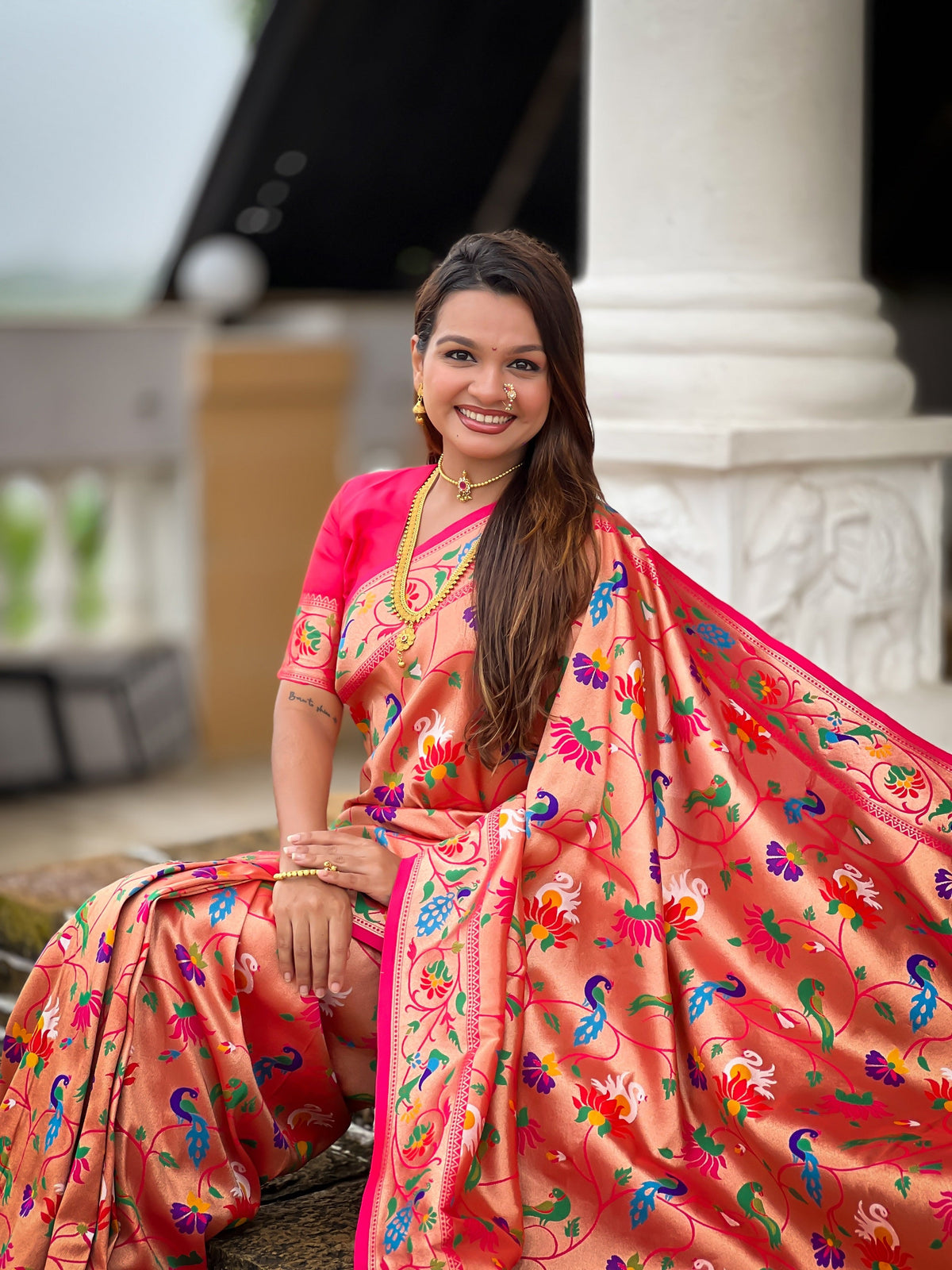 Vedant Vastram Soft Litchi Silk Paithani Jacquard Saree - Pink | Grocsy