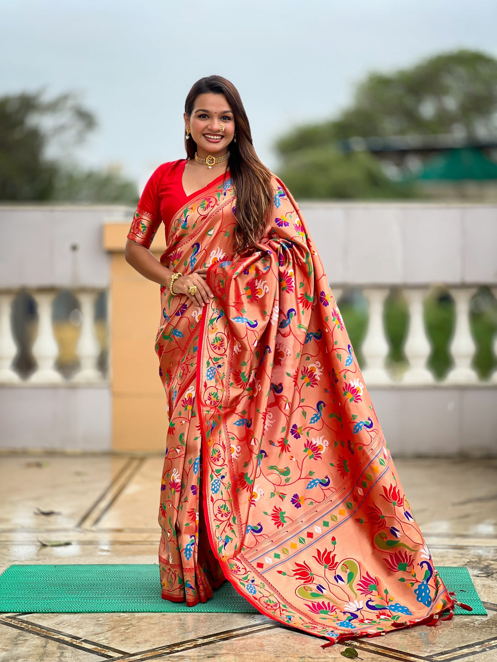 Vedant Vastram Soft Litchi Silk Paithani Jacquard Saree - Red | Grocsy
