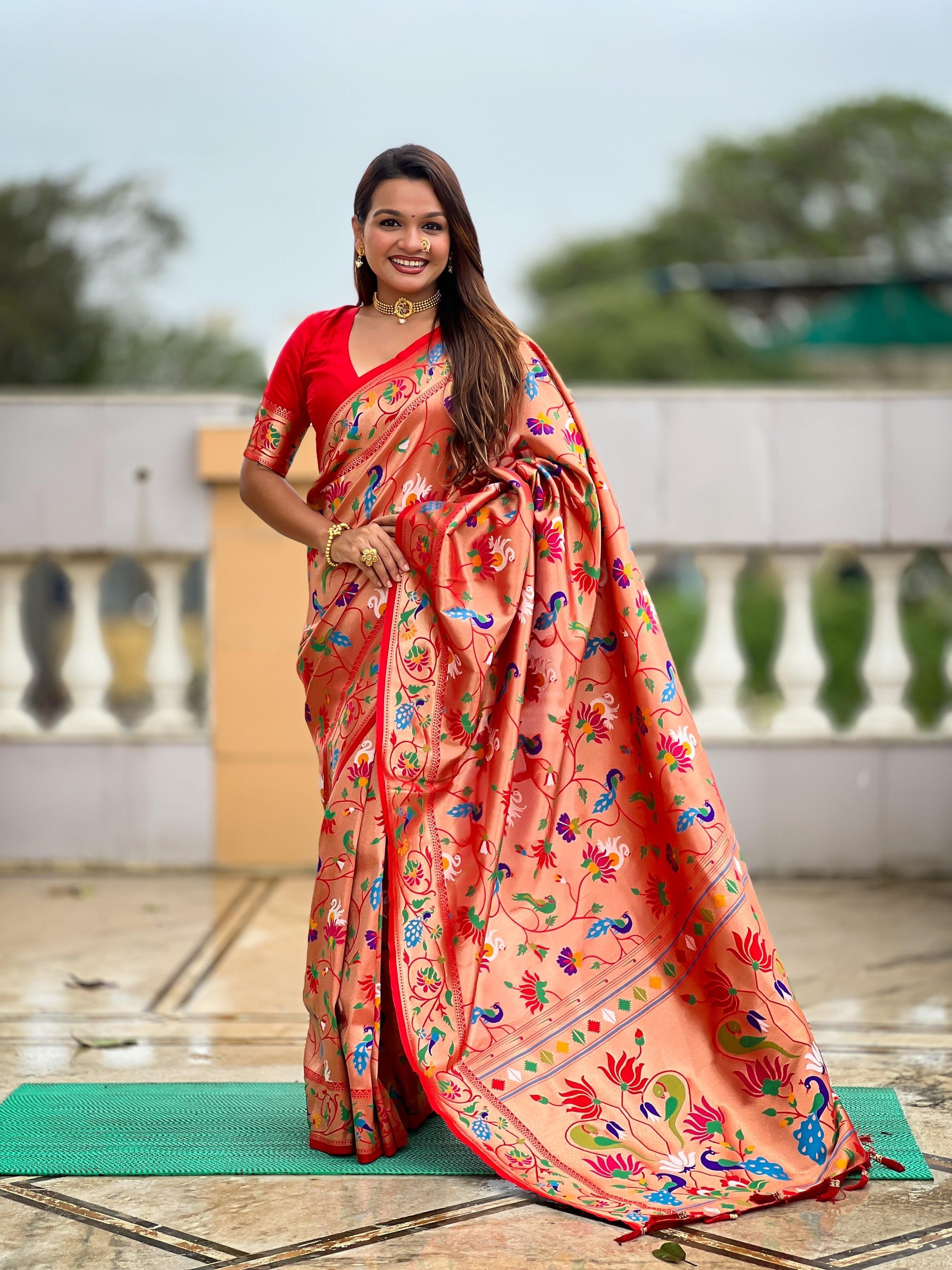 Vedant Vastram Soft Litchi Silk Paithani Jacquard Saree - Red | Grocsy