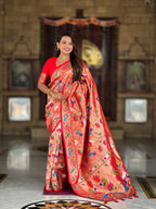 Vedant Vastram Soft Litchi Silk Paithani Jacquard Saree - Red | Grocsy