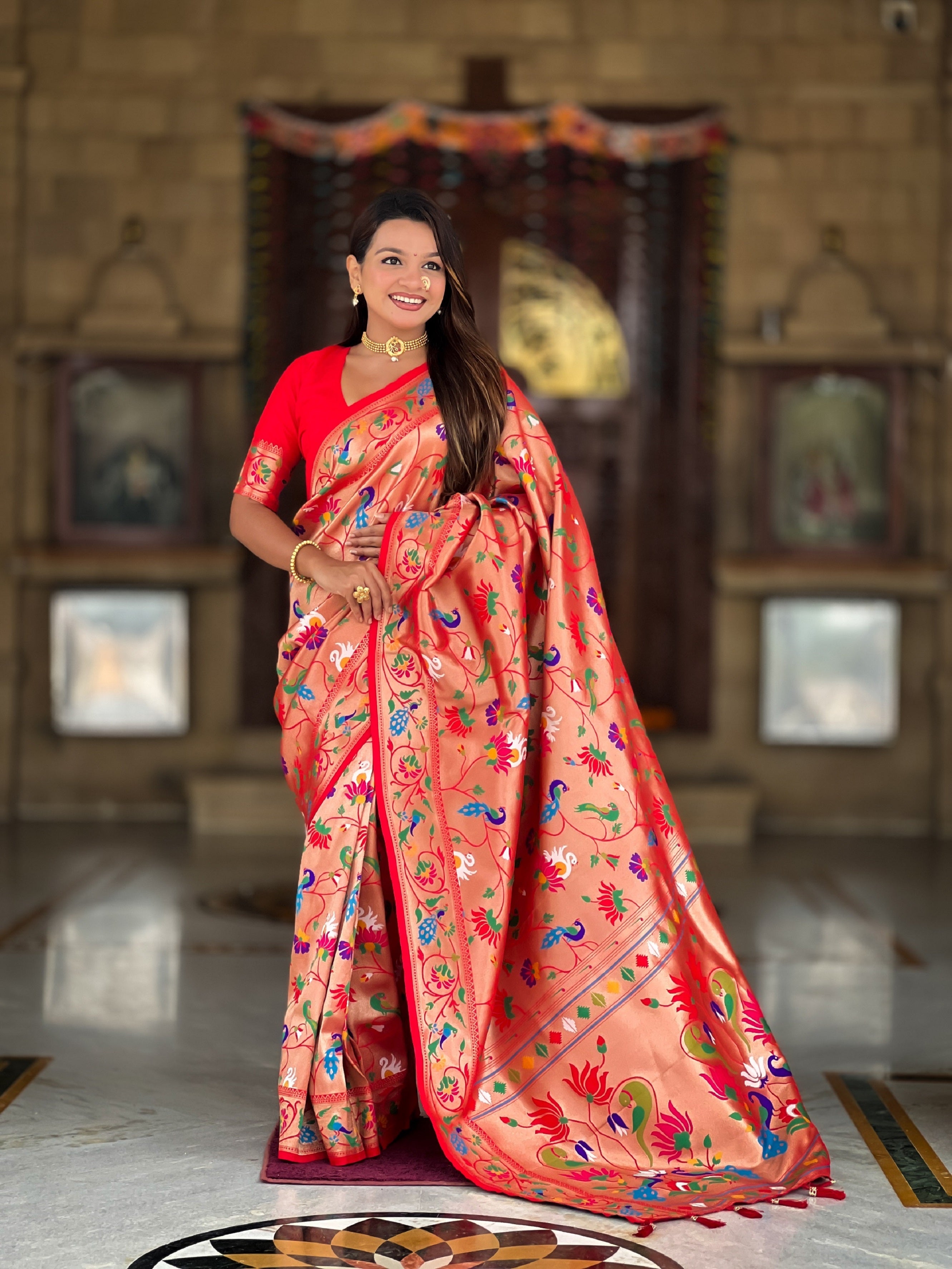 Vedant Vastram Soft Litchi Silk Paithani Jacquard Saree - Red | Grocsy