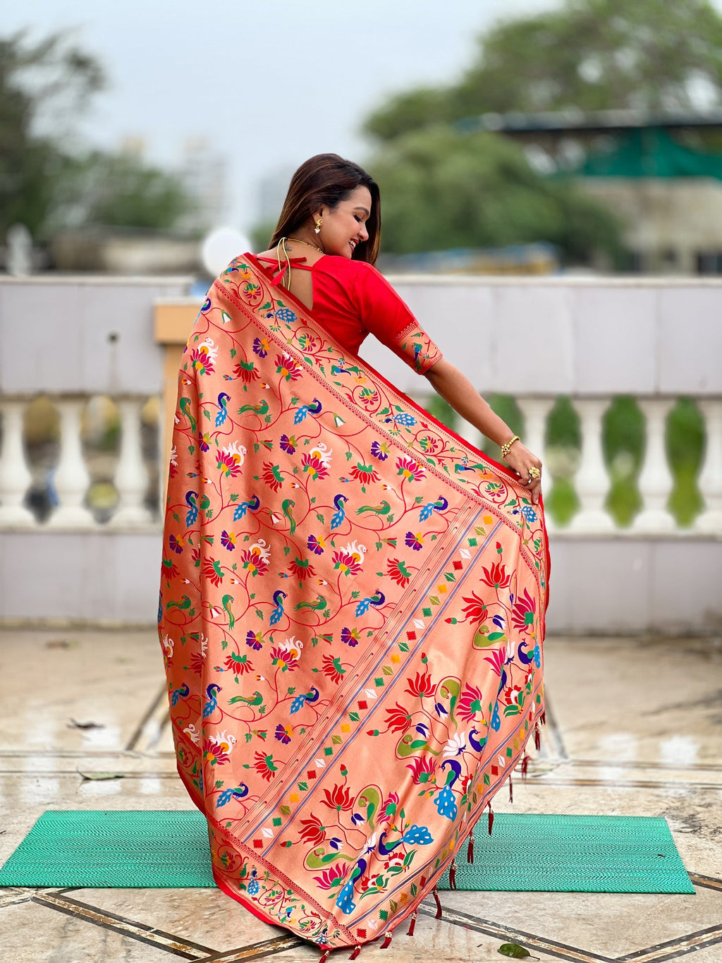 Vedant Vastram Soft Litchi Silk Paithani Jacquard Saree - Red | Grocsy