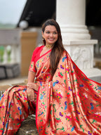 Vedant Vastram Soft Litchi Silk Paithani Jacquard Saree - Red | Grocsy