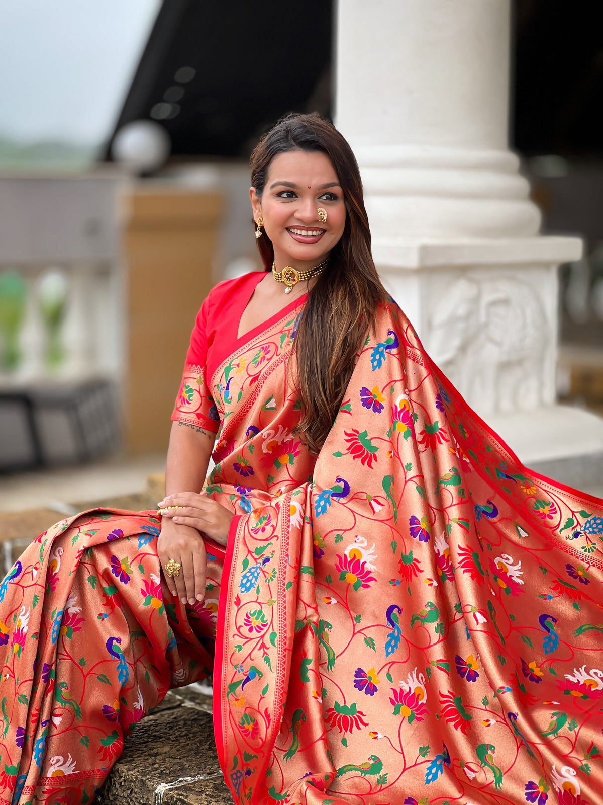 Vedant Vastram Soft Litchi Silk Paithani Jacquard Saree - Red | Grocsy