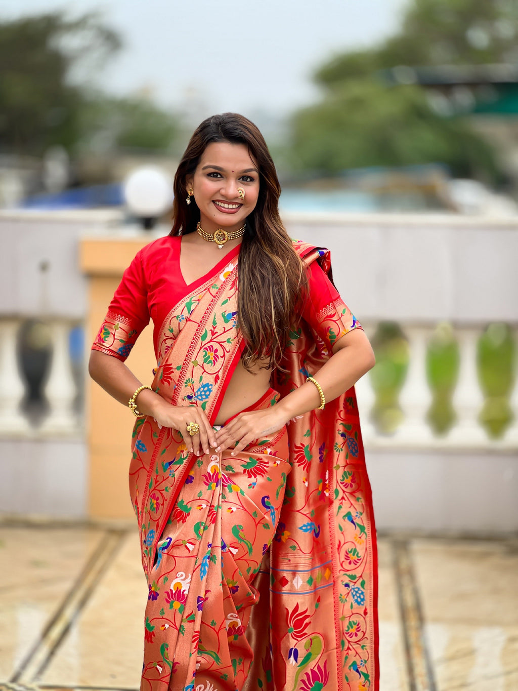 Vedant Vastram Soft Litchi Silk Paithani Jacquard Saree - Red | Grocsy