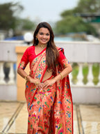 Vedant Vastram Soft Litchi Silk Paithani Jacquard Saree - Red | Grocsy