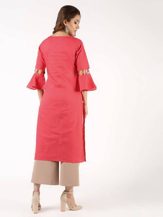 Aniyah Cotton Criss Cross Bell Sleeves Peach Straight Kurta (AN-142K) | Grocsy