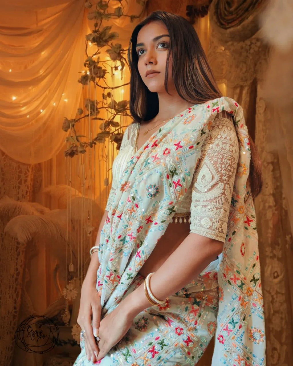 Teeya Creation Off White Color Georgette Embroidery Work Saree | Grocsy