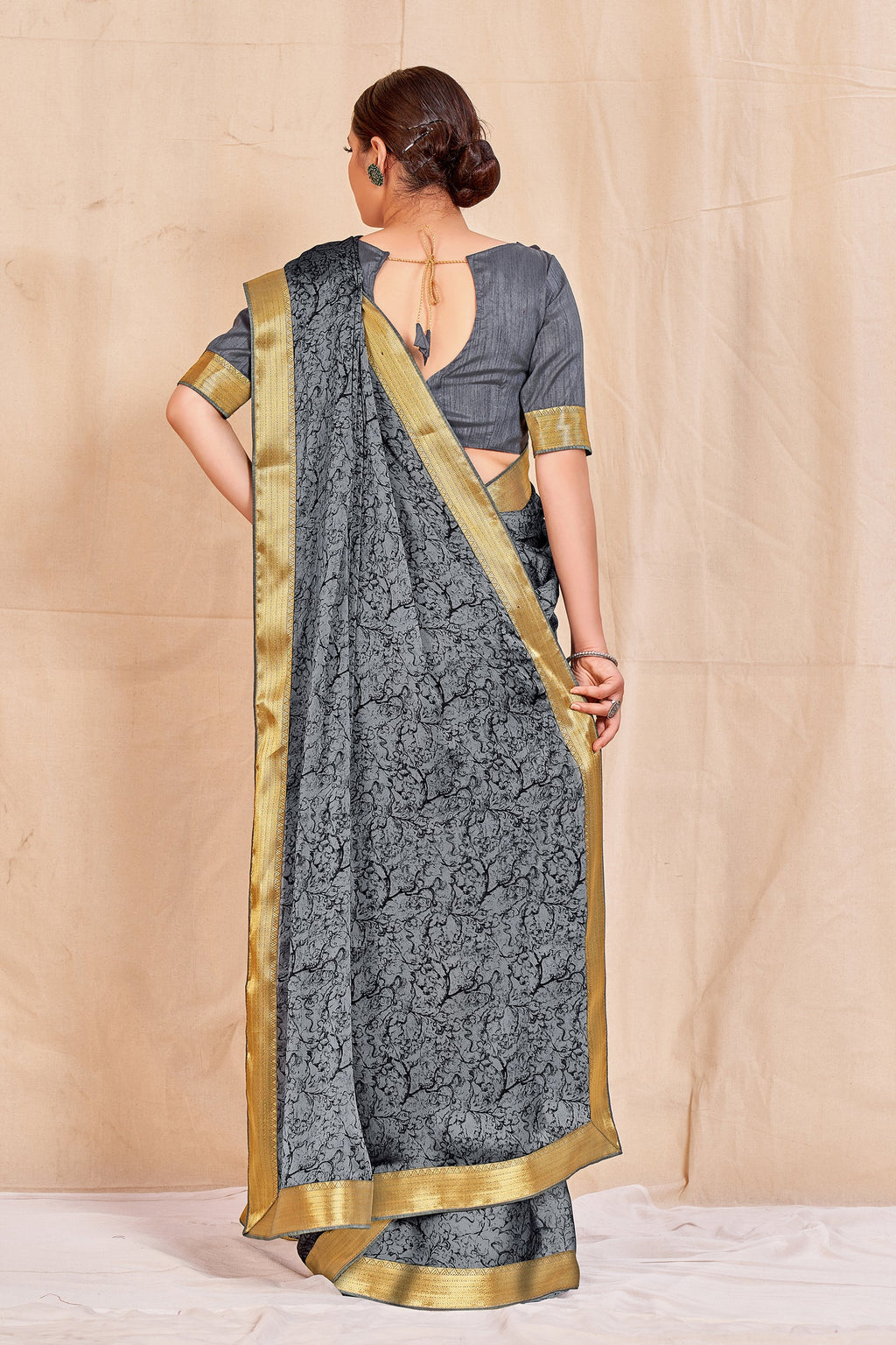 Vamika Grey Designer Cadbury Chiffon Banarasi Lace Saree | Grocsy