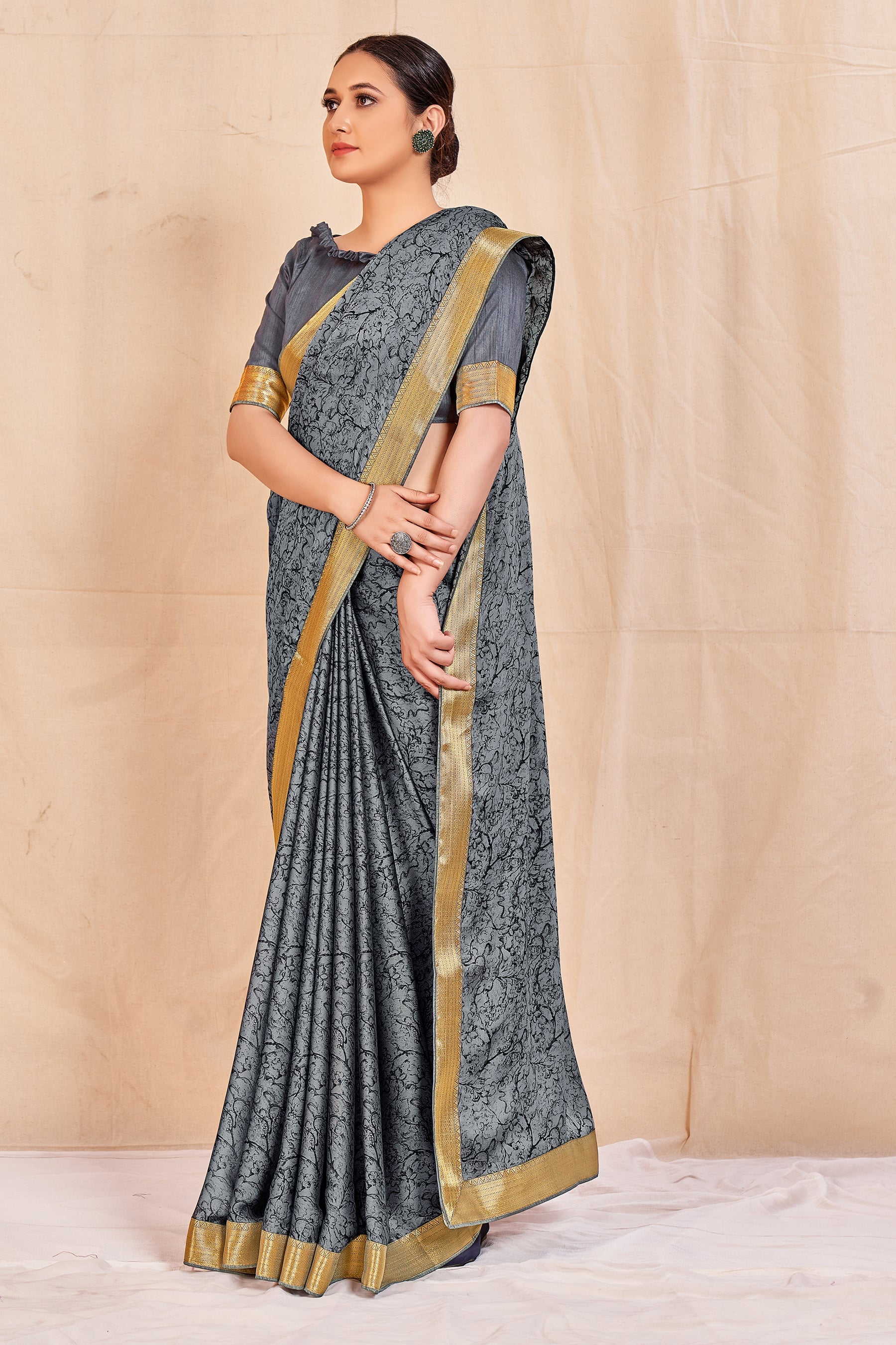 Vamika Grey Designer Cadbury Chiffon Banarasi Lace Saree | Grocsy