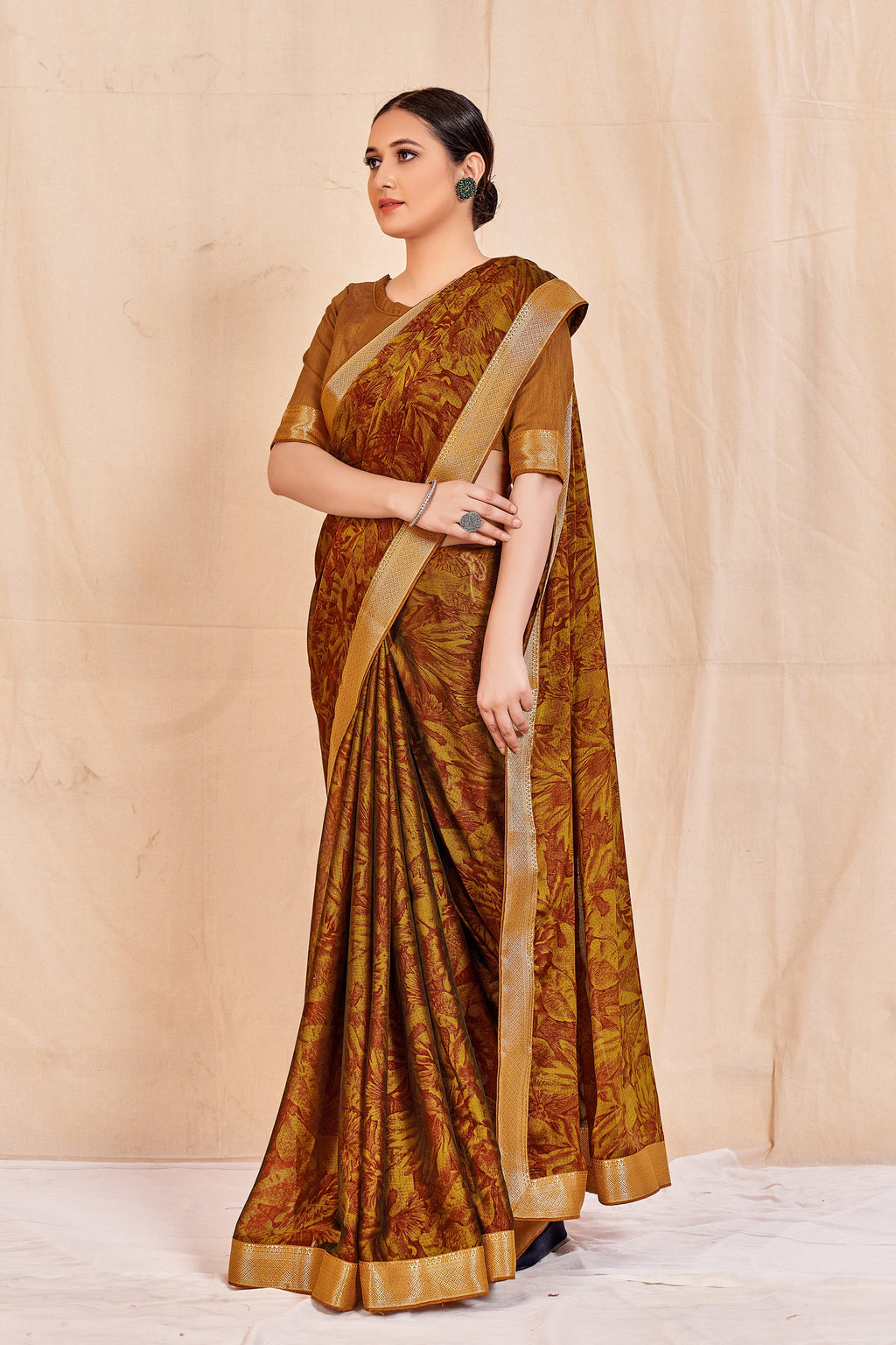 Vamika Mustard Designer Cadbury Chiffon Banarasi Lace Saree | Grocsy