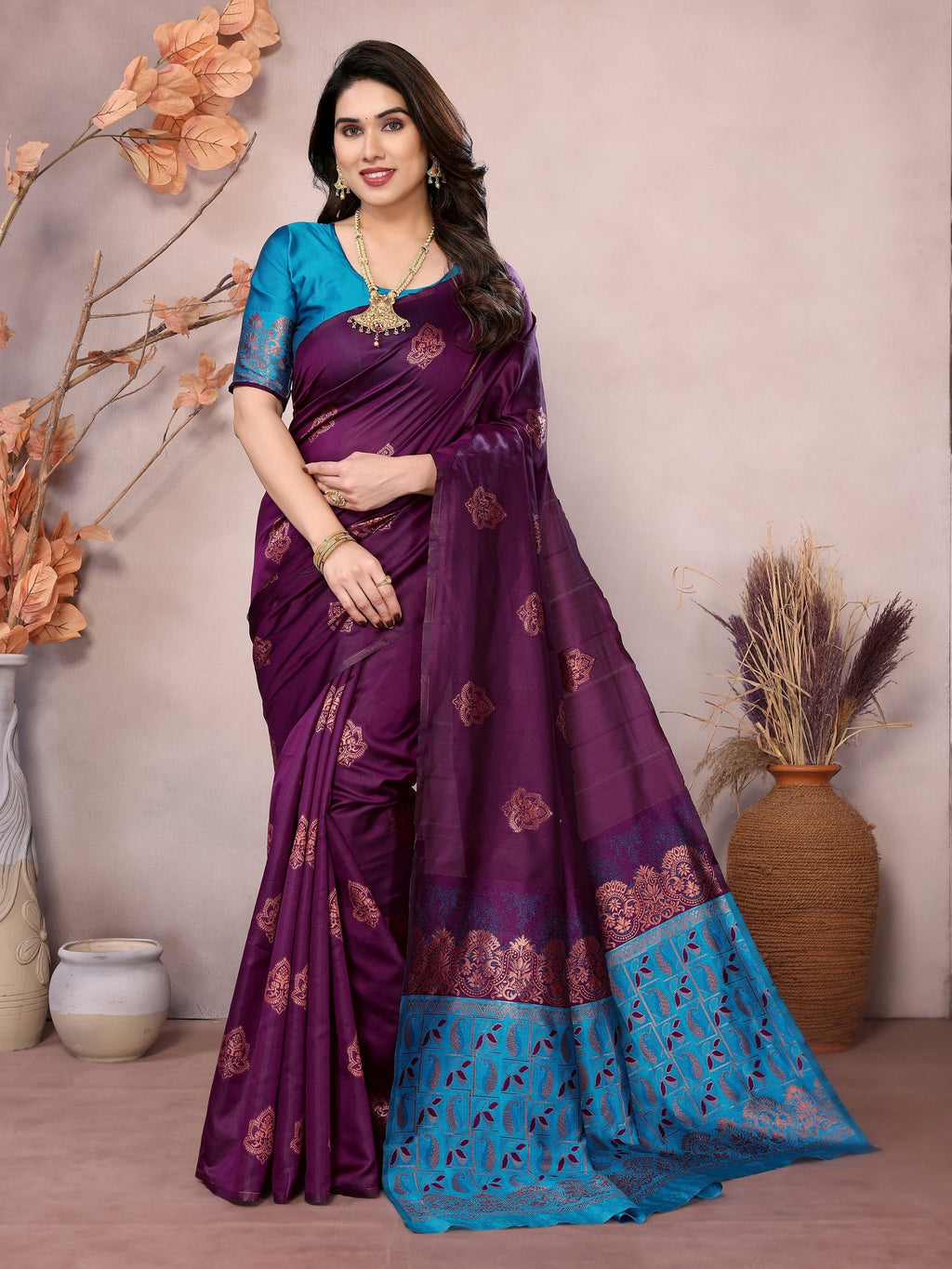 Vedant Vastram Soft Litchi Silk Kanjeevaram Saree - Wine | Grocsy
